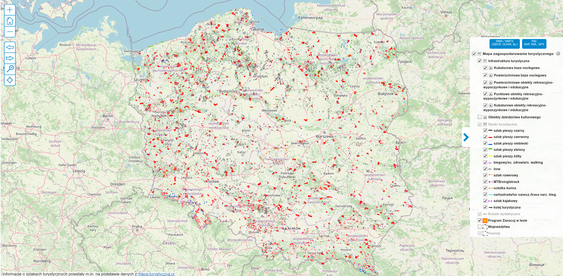 mapa z zaznaczonymi obszarami zanocuj w lesie